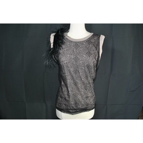 Robert Rodriguez Ostrich Feather Cuffed Lace Overlay Tank Top- M - Picture 1 of 4